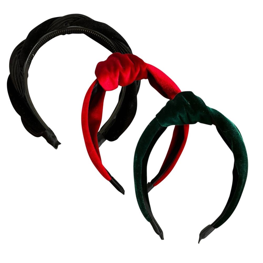 Lot 3 Velvet Headbands Modern Knotted & Braided Hair Accessories Green Red Black